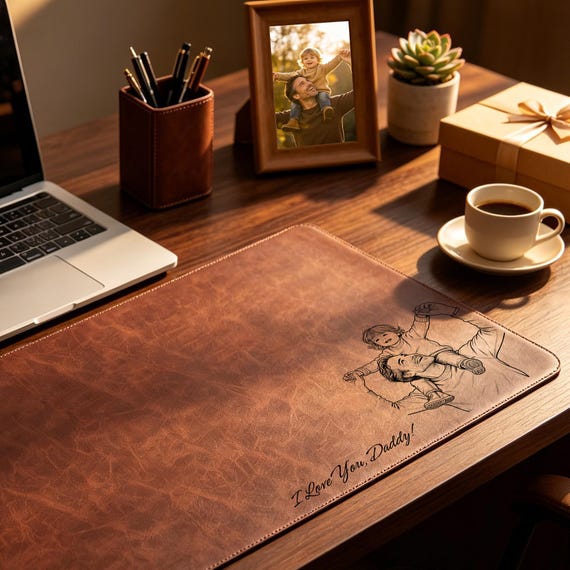 Customized leather mouse pad for Father's Day from a child,Custom Dad Photo Sketch Line Art Leather Desk Mat,Personalized Father's Day Gift