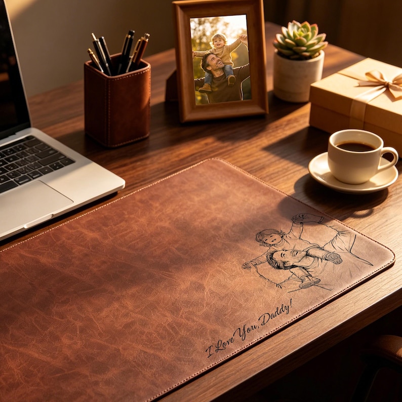 May include: A rectangular brown leather desk mat featuring a laser-engraved illustration of a child sitting on a person's shoulders. The text "I Love You, Daddy!" is engraved in the bottom right corner of the mat with visible stitching edges.