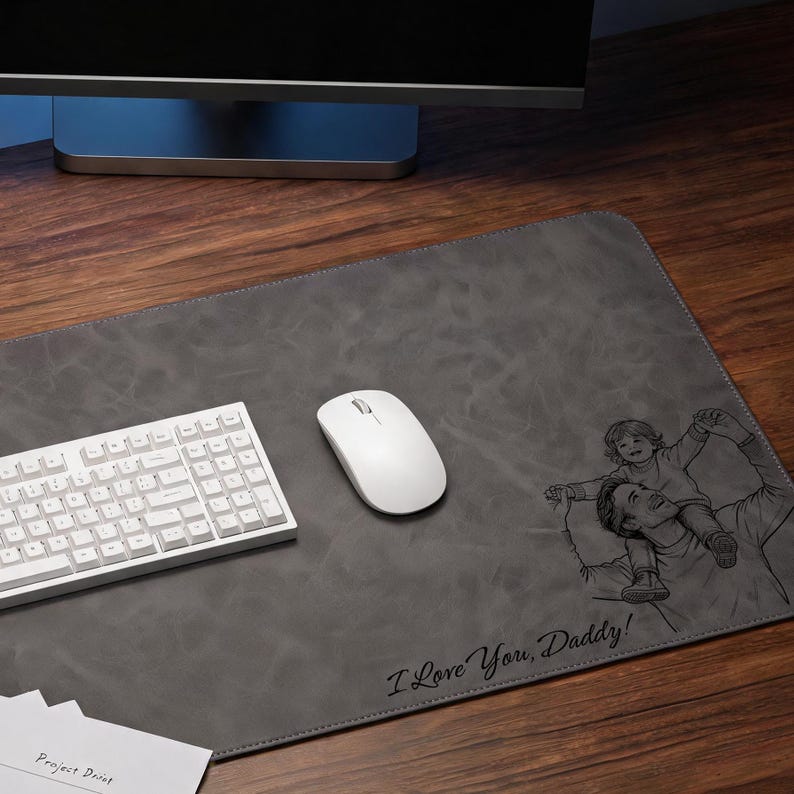 May include: A large, rectangular, dark gray desk mat featuring a line-art illustration of a child sitting on a person's shoulders. The text "I Love You, Daddy!" is printed in a cursive script. A white computer keyboard and mouse sit on the mat.