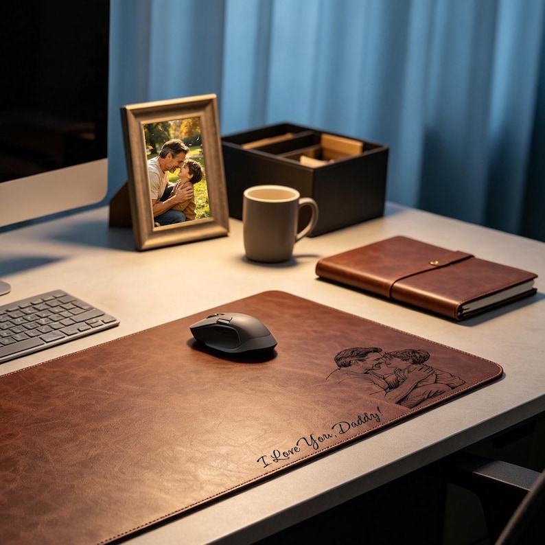 May include: A brown leather desk mat featuring an engraved illustration of an adult and a child embracing, with the text "I Love You, Daddy!" etched into the surface. The mat is positioned on a desk with a computer keyboard, a mouse, and a photo frame.