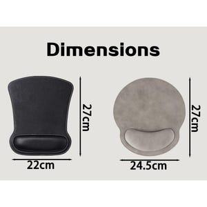 May include: Two mouse pads with wrist rests labeled with the text Dimensions. The black mouse pad measures 27 cm by 22 cm. The gray mouse pad is circular with a wrist rest and measures 27 cm by 24.5 cm. Both pads feature integrated wrist supports.