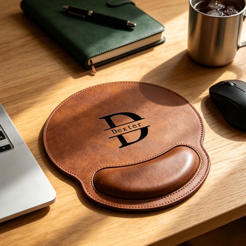 May include: A round brown leather mouse pad with a built-in wrist rest. The center features a large black letter D with the name Dexter printed horizontally across the middle of the letter in a black serif font, creating a personalized design.