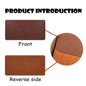 May include: A product introduction graphic featuring a dark brown rectangular front view and a lighter brown rectangular reverse side view. A circular inset shows a close-up of the brown top flap with visible stitching and a textured orange base.