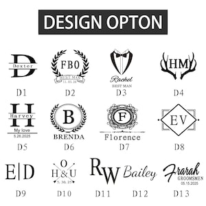May include: A black and white graphic chart titled DESIGN OPTON displaying thirteen distinct monogram and text logo options labeled D1 through D13. Each design features unique combinations of serif and script typography, laurel wreaths, antlers, and geometric frames.