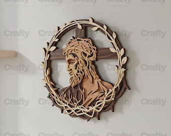 Laser cut Multilayered Jesus Wreath Wooden Wall Decor SVG file Glowforge Christian sign Catholic art files dxf cnc vector pattern template