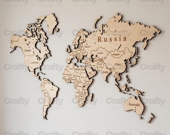 Laser cut Wooden map of the whole world laser engraving SVG Glowforge wall art files DXF eps ai cdr vector template