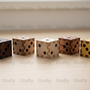 May include: A collection of wooden dice with circular dot patterns. The dice are made of different wood tones, including light, medium, and dark shades. Each die has a unique color and grain pattern. The word "Crafty" is printed on the image.