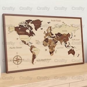 May include: Wooden world map with countries and oceans labeled. The map is made of different shades of wood and framed in a dark brown border. Includes a compass rose and airplane icons.