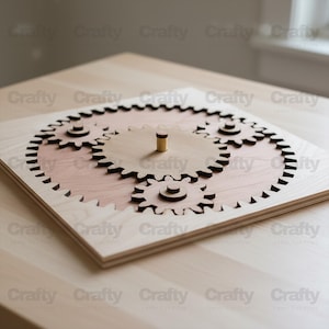 May include: Wooden gear puzzle with interlocking gears. The puzzle features a light wood frame with a contrasting pinkish-brown center. A small, cylindrical peg is in the center. The word "Crafty" is repeated on the image.