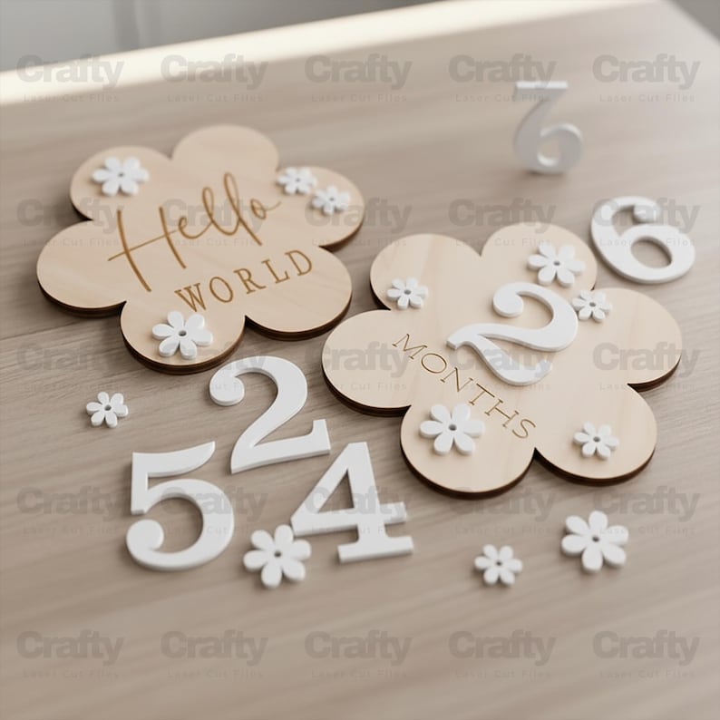 May include: Wooden flower-shaped milestone markers with white daisy accents and numbers. One marker reads "Hello World," and another says "2 Months." Additional numbers 2, 4, 5, and 6 are included, along with small daisy decorations.