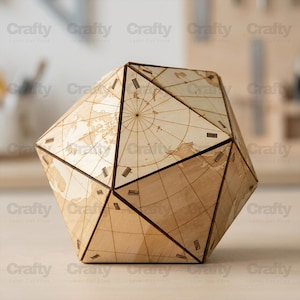 May include: A light-colored wooden icosahedron globe featuring laser-cut map details and grid lines. The geometric object is constructed from multiple triangular panels joined together, displaying a world map across its faceted surface.