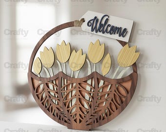 Laser cut Wooden Tulip Basket Shaped SVG file Glowforge Wall Decor files dxf eps cdr ai pdf cnc vector pattern template