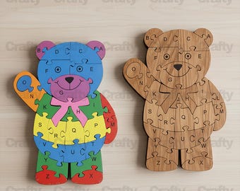 Laser cut Montessori Bear Puzzle with A-Z English Alphabet SVG file Glowforge kids toy files dxf eps cdr ai pdf cnc vector pattern template