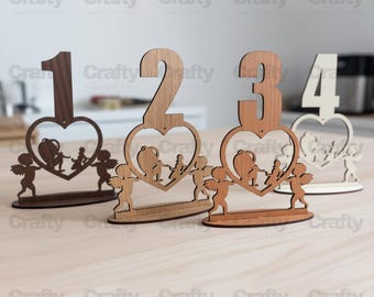 Laser cut Wooden 1 to 10 Number Heart Standing Wedding Table svg file Glowforge gift dxf puzzle eps cdr ai pdf cnc vector pattern