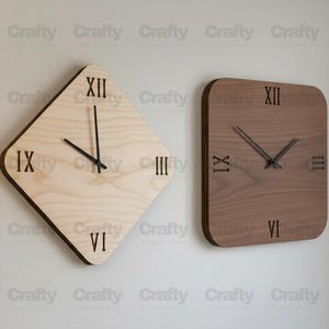 May include: Two wooden clocks with Roman numerals. One is diamond-shaped with a light wood finish, the other is square with rounded corners and a darker wood finish. Both have black hands and the word "Crafty" repeated.