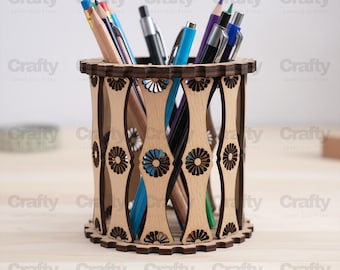 Laser cut Wooden Desk Pen Holder SVG file Glowforge table pencil organizer files dxf eps cdr ai pdf cnc vector pattern template