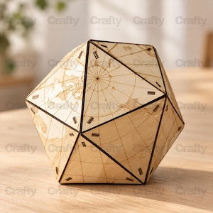 May include: A geometric icosahedron globe constructed from light-coloured wood panels. The surface features laser-engraved world map details, including continents and longitudinal grid lines. Each triangular face is joined with dark edges.