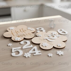 May include: Wooden flower-shaped milestone markers with the text "Hello World" and "2 Months". Includes white numbers and flower accents. Perfect for baby photos and documenting growth.