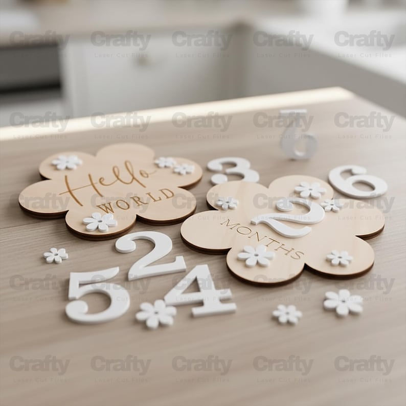 May include: Wooden flower-shaped milestone markers with the text "Hello World" and "2 Months". Includes white numbers and flower accents. Perfect for baby photos and documenting growth.