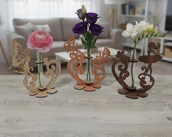 Laser cut Girl Flower Stand Glass Tube Plant Pot Set of 3 SVG file Glowforg files dxf eps cdr ai pdf cnc vector pattern template