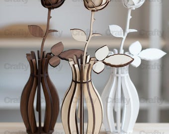 Laser cut Rose with Vase 3D Flower Template svg file Glowforge wooden rose dxf puzzle eps cdr ai pdf cnc vector pattern