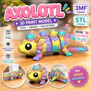 May include: A colorful 3D-printed axolotl model with ice cream cone accents. The axolotl is yellow, purple, pink, and blue, and the text "AXOLOTL" is displayed above it. The model is described as cute, unique, and collectible.