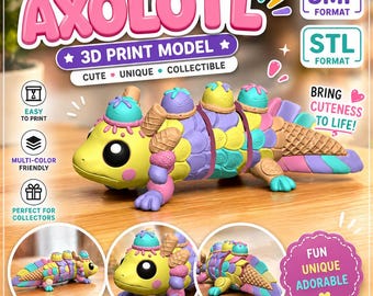 Könnte beinhalten: Ein farbenfrohes 3D-gedrucktes Axolotl-Modell mit Eiswaffel-Akzenten. Das Axolotl ist gelb, lila, rosa und blau, mit dem Text "AXOLOTL" darüber. Das Modell wird als niedlich, einzigartig und sammelbar beschrieben.
