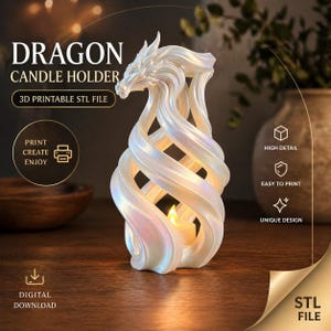 May include: A pearlescent dragon candle holder with a swirling design, holding a lit candle. The image text reads "DRAGON CANDLE HOLDER" and "3D PRINTABLE STL FILE". The design is described as high detail, easy to print, and unique.