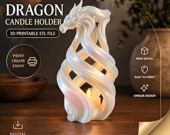 Könnte beinhalten: Ein perlmuttfarbener Drachen-Kerzenhalter mit wirbelndem Design, der eine brennende Kerze hält. Der Text auf dem Bild lautet "DRAGON CANDLE HOLDER" und "3D PRINTABLE STL FILE". Das Design wird als detailreich, einfach zu drucken und einzigartig beschrieben.
