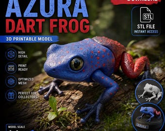 Könnte beinhalten: Ein 3D-druckbares Modell eines Azura-Pfeilgiftfrosches. Der Frosch ist blau mit roten Punkten und roten Beinen. Das Bild enthält den Text "Azura Dart Frog" und "STL-Datei für den 3D-Druck". Das Modell ist im Maßstab 1:1 und druckfertig.