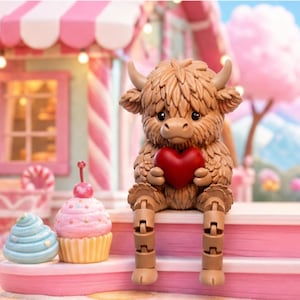 May include: A brown, shaggy Highland cow figurine with small horns, holding a smooth red heart in its paws. The cow has articulated legs and is sitting on a pink surface next to a pink cupcake with a cherry on top and a blue swirled treat.