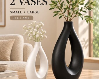 Könnte beinhalten: Zwei tropfenförmige Vasen, eine weiße und eine schwarze, mit einer zentralen Öffnung. Der Text 2 VASES, SMALL + LARGE und STL + 3MF ist sichtbar. Die weiße Vase enthält kleine weiße Blumen, die schwarze Vase grüne Blätter.