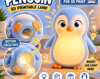 Könnte beinhalten: Eine blaue Pinguin-Lampe mit warmem Licht, entworfen für den 3D-Druck. Die Lampe hat ein kreisförmiges Loch an der Unterseite für ein LED-Licht. Das Bild enthält den Text "PENGUIN 3D PRINTABLE LAMP" und "STL FILE FOR 3D PRINT".