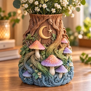 Peut inclure: Un vase décoratif présentant une texture d'écorce d'arbre sculptée avec des détails en relief d'un croissant de lune et d'une étoile. La surface est ornée de plusieurs champignons en trois dimensions dans des tons rose, violet et blanc.