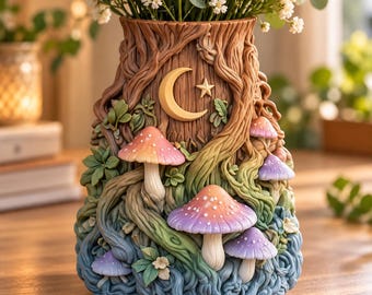 Könnte beinhalten: Eine dekorative Vase mit einer skulptierten Baumrindenstruktur und erhabenen Details in Form eines Halbmonds und eines Sterns. Die Oberfläche ist mit mehreren dreidimensionalen Pilzen in Rosa-, Lila- und Weißtönen sowie grünem Blattwerk verziert.