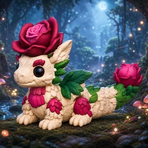 May include: A small dragon figurine with cream-colored scales, featuring a large deep pink rose on its head and a matching rose on its tail. The creature has green leaf-like accents along its back and limbs, with dark pink patches on its chest and legs, and large, dark, glossy eyes.