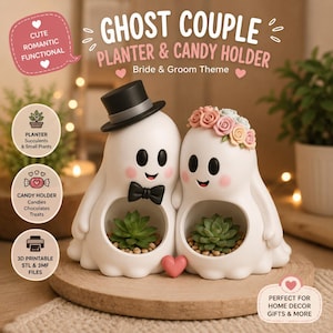 Geisterpaar-Pflanzgefäß (STL) | Halloween-Geist-3D-Druck | Brautpaar-Sukkulententopf | 3MF-Datei | Halloween-Geist | Schreibtisch-Organizer (STL)