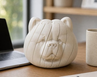 Könnte beinhalten: Ein cremefarbenes, skulpturales Objekt in Form eines Chow-Chow-Hundekopfes, das ein segmentiertes Design mit vertikalen Linien auf der Oberfläche aufweist. Das Stück ist mit einer glatten, matten Oberfläche versehen und zeigt detaillierte Gesichtszüge.
