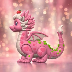 May include: A pink articulated dragon figurine featuring a white underbelly, white hair, and a strawberry on its head. The body is decorated with pink heart shapes and small green leaf patterns, with white accents on the wings and tail tip.