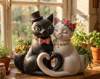 Könnte beinhalten: Zwei Katzentöpfe. Eine schwarze Katze mit Zylinder und rosa Fliege, neben einer weißen Katze mit Blumenkranz und Perlenkette. Ihre Schwänze bilden ein Herz. Jede Katze hält einen kleinen Sukkulenten-Pflanztopf.