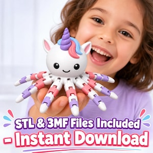 May include: A white unicorn-shaped octopus toy with a purple horn, pink and blue hair, and eight articulated tentacles featuring alternating pink, purple, and white segments. The text reads: STL & 3MF Files Included - Instant Download.
