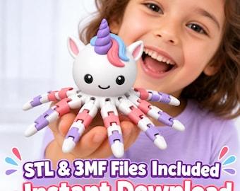 Könnte beinhalten: Ein weißes, einhornförmiges Oktopus-Spielzeug mit einem violetten Horn, rosa und blauem Haar sowie acht beweglichen Tentakeln mit abwechselnden rosa, violetten und weißen Segmenten. Der Text lautet: STL & 3MF Files Included - Instant Download.