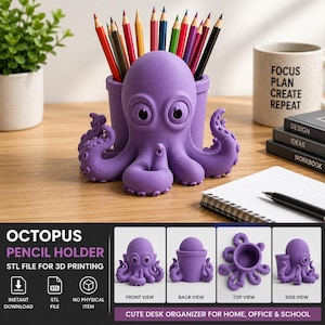 Octopus STL | Pen Holder STL | Plant Pot | Makeup Brush Holder | 3D Printable Desk Organizer | Octopus STL File | Soda Can Holder