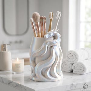 May include: A pearlescent white dragon-themed makeup brush holder with a swirling design. The holder contains makeup brushes and toothbrushes. The dragon's head is at the top, and the body forms the holder's side.