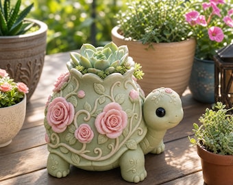 Rose Schildkröte Planter STL-Datei | Niedliche Blumen Schildkröte Topf | Sukkulenten Pflanzer 3D Druck | Cottagecore Garten Dekor | STL-Download