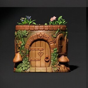 desk organizer stl, fantasy decor, magical house planter, woodland cottage, fairy door planter, cute planter stl,
