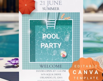 Pool Party Birthday Invitation, Editable Swim Party Invite, Kids/Girls Pool Birthday Canva Template, Instant Download