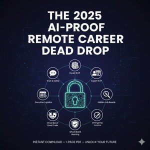 May include: A dark blue graphic with white text reading "THE 2025 AI-PROOF REMOTE CAREER DEAD DROP." The image includes icons and text such as "Trust & Safety," "Hidden Job Boards," and "Emergency Income." The bottom text reads "INSTANT DOWNLOAD - 1-PAGE PDF - UNLOCK YOUR FUTURE."