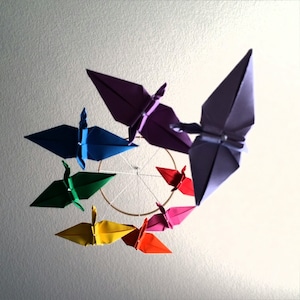 Rainbow Origami Crane Spiral Mobile - made in the USA
