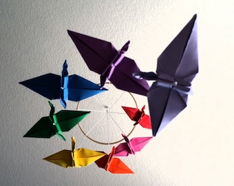Rainbow Origami Crane Spiral Mobile - made in the USA